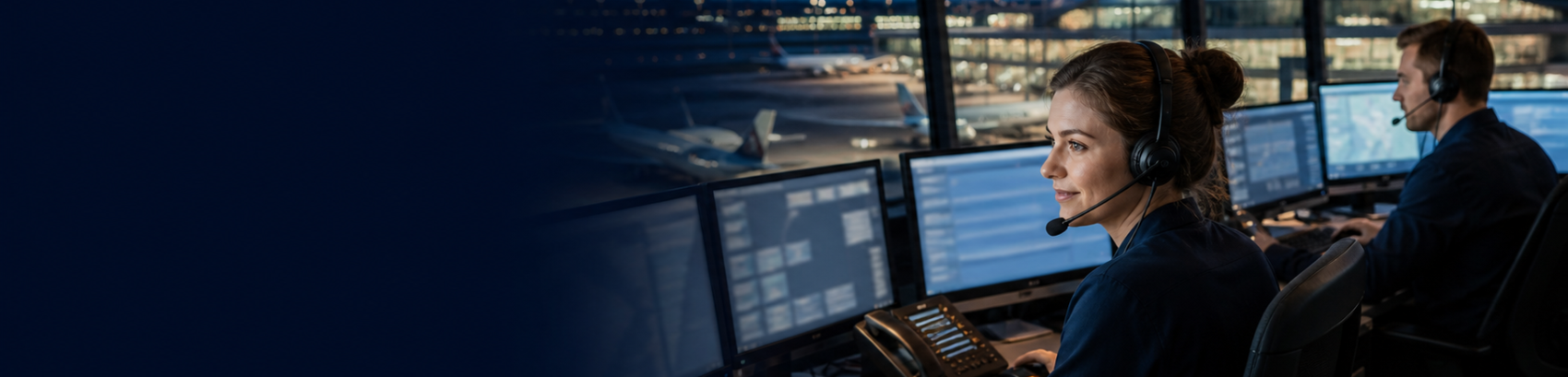 Aviation support staff working in an airport operations office