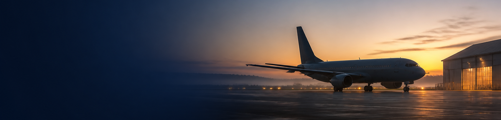 Passenger aircraft resting beside a hangar at dawn