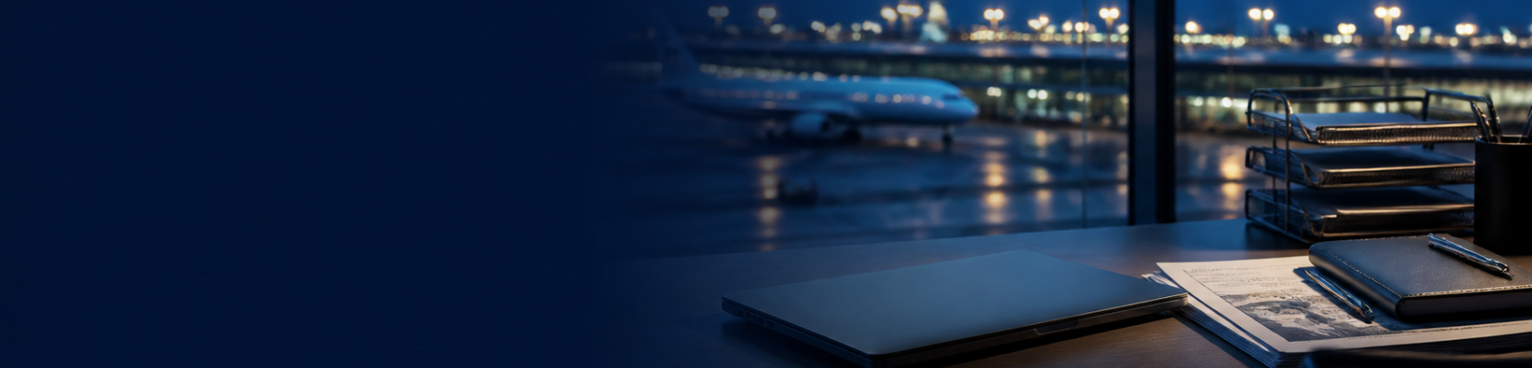 Secure aviation documents and laptop overlooking an airport at blue hour