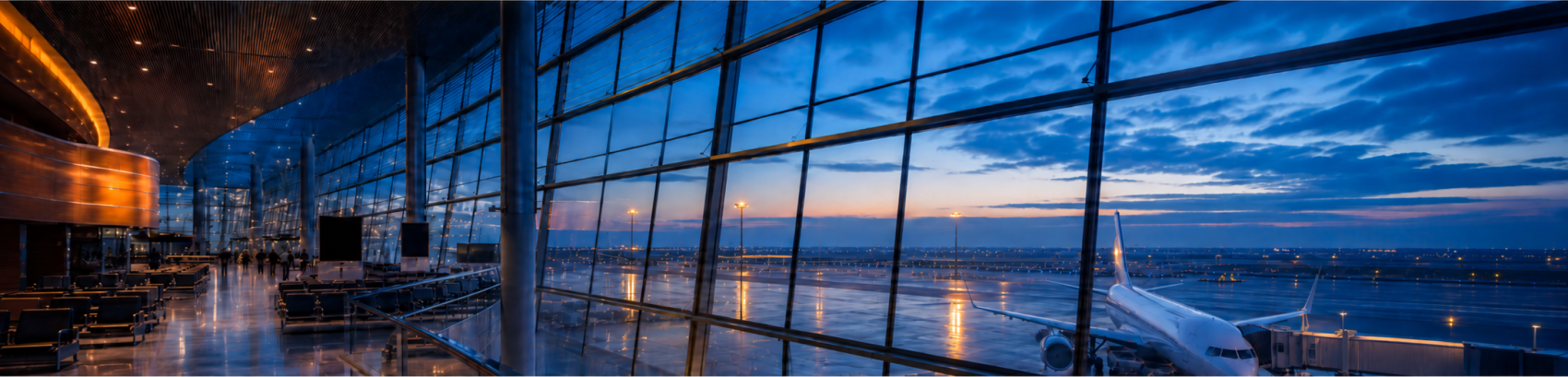 Airport terminal overlooking the apron at blue hour